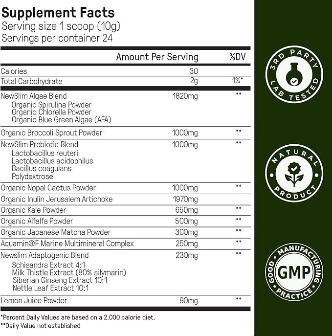 Happy Mammoth NewSlim SuperGreens with Spirulina Chlorella &amp Prebiotics Blend for Adults Supports Metabolism Energy &amp Reduces Carb Cravings 24 Servings Vanilla Flavor