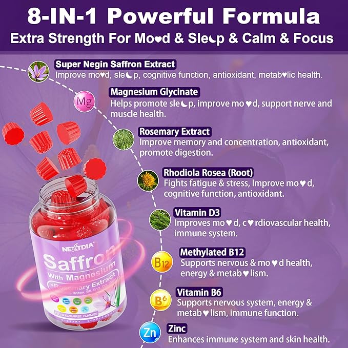 Saffron with Magnesium Glycinate Gummies 2 Months Supply -Sugar Free Magnesium 400/200mg w/SaffronRhodiolaRosemary B6B12D3 for S-leep CalmFocus Relax Nerve Melatonin Free Gummies