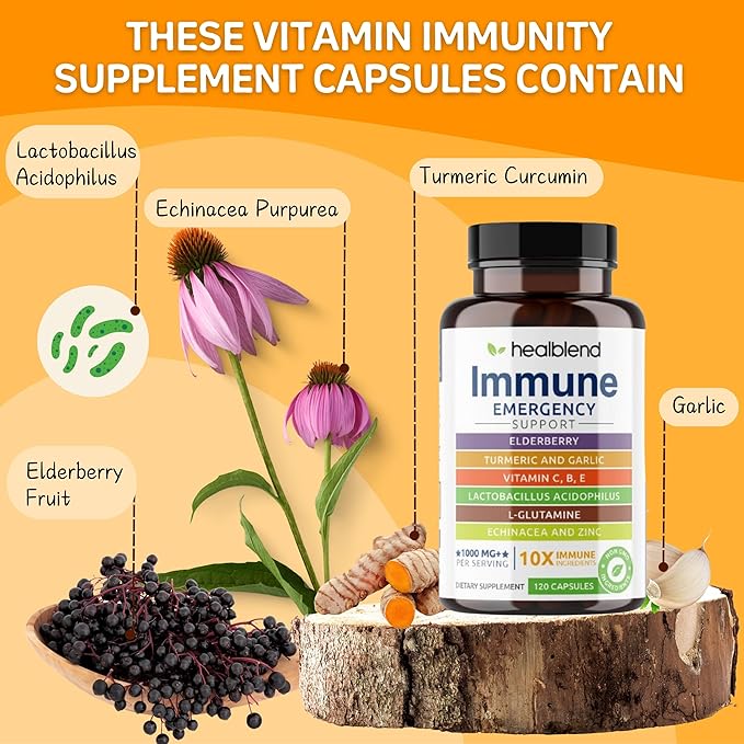 healblend 10 in 1 Immune Support Supplement Booster with Elderberry Zinc Echinacea Turmeric Lactobacillus Acidophilus for Adults [120 Capsules]