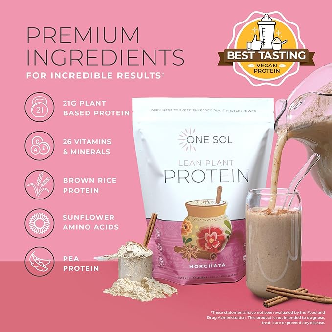 One Sol Lean Plant-Based Protein Powder Pea &amp Brown Rice Protein Low Carb Vegan Friendly - Gluten Lactose &amp Soy Free - No Added Sugar Non-GMO Clean Nutrition No Bloating (Horchata)