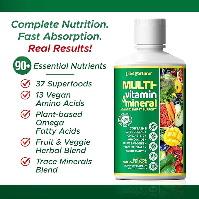 Life's Fortune Liquid Multivitamin for Adults Men &amp Women Teens – High Absorption Daily Vitamins – Trace Minerals Amino Acids with Biotin L-Arginine Potassium – Tropical Flavor Sugar Free 32