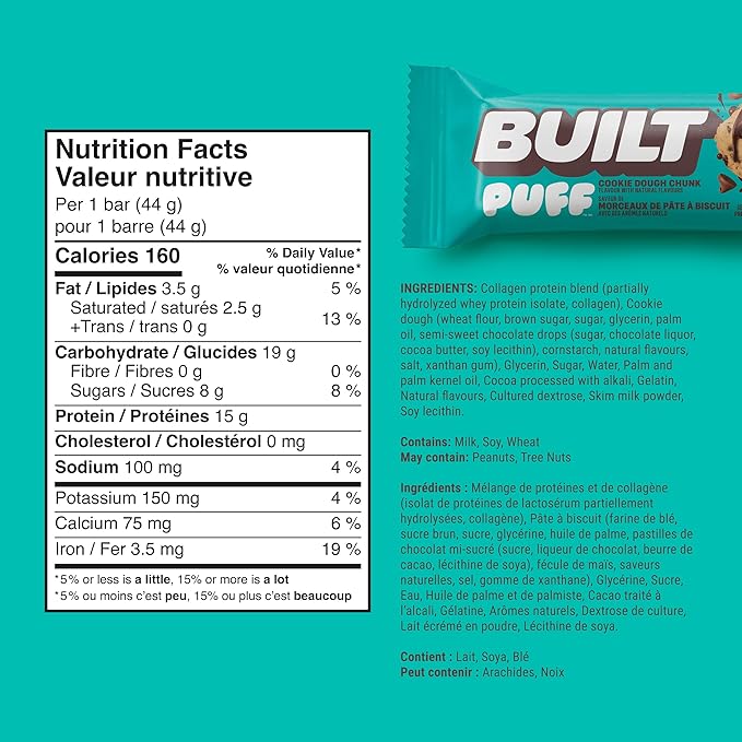 BUILT Bar Puff Protein Bars - Cookie Dough - 15g Protein Snack Bars with Collagen - Calorie Conscious No Gluten Free - 12 Count