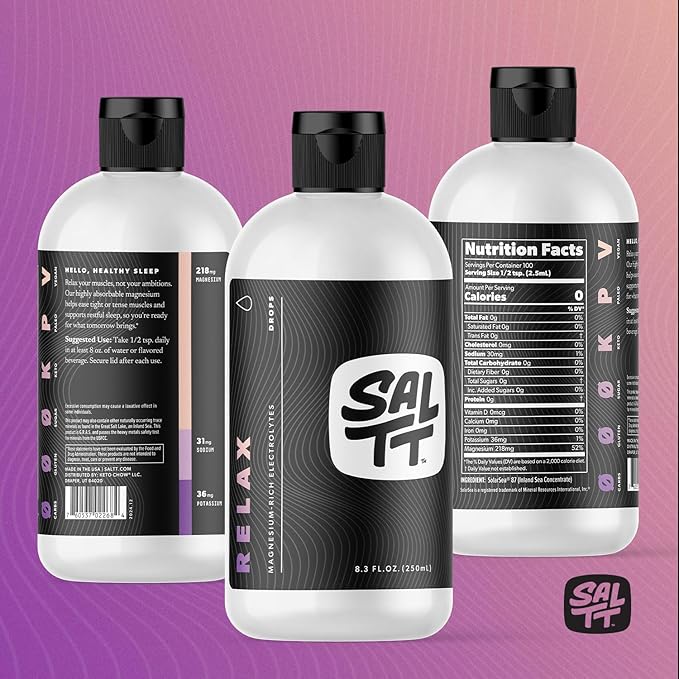 SALTT Relax Magnesium Drops - Ionic Magnesium Chloride w/Sodium Potassium Electrolytes - Trace Minerals Drops - Gluten Free Sugar Free Keto Friendly - from Utah's Great Salt Lake - 8.3 Fl Oz