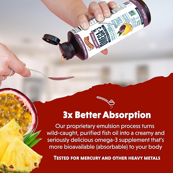 Barlean's Omega 3 Fish Oil Liquid Supplement for Men and Women 1500mg of EPA and DHA Fatty Acid Promotes Brain &amp Heart Health - Non-GMO Passion Pineapple Smoothie 16 oz