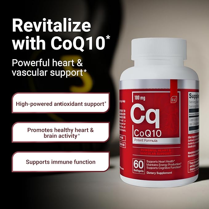 Essential Elements CoQ10 100mg Softgels for Heart Brain and Vascular Support - Comprehensive Coenzyme Q10 Supplement Formulated for Optimal Absorption - 60 Count 2 Month Supply