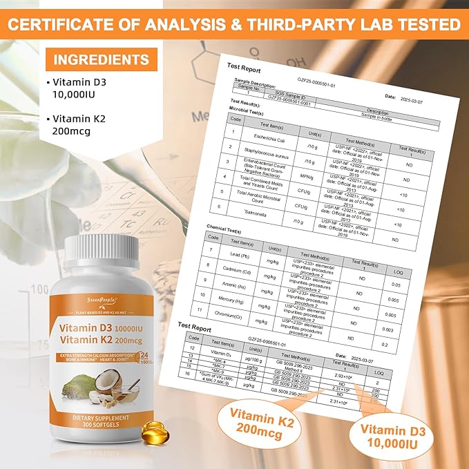 GREENPEOPLE K2 D3 Vitamin Supplement Vitamin D-3 &amp K-2 MK-7 10000 IU/200 mcg with Virgin Non-GMO Coconut MCT Oil | 300 Vegan Softgels | Bone Health Immune Support