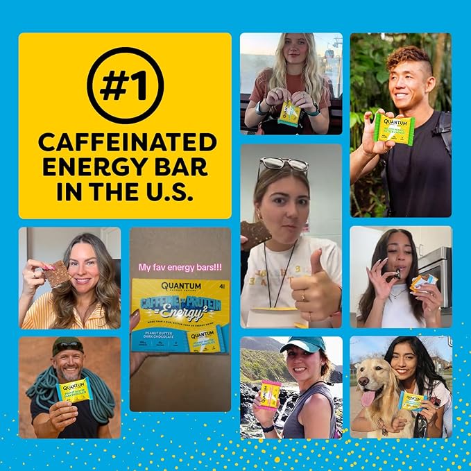 Quantum Energy Square: Energy Bar with Caffeine &amp 10g Protein. Delicious Healthy Snack On The Go. (Vegan Gluten-free Soy-free Dairy-free) (Variety 12-Pack)