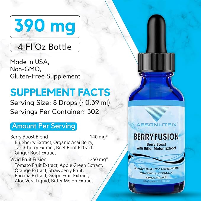 Absonutrix BerryFusion 390 mg 4 FL OZ Liquid 302 Servings Made in USA Plant-Based Ingredients Blueberry Extract Bitter Melon Gluten-Free Non-GMO