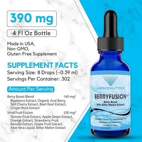 Absonutrix BerryFusion 390 mg 4 FL OZ Liquid 302 Servings Made in USA Plant-Based Ingredients Blueberry Extract Bitter Melon Gluten-Free Non-GMO
