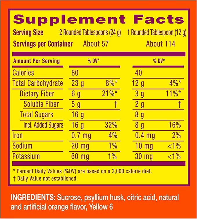 Metamucil 4-in-1 Psyllium Husk GLP-1 Friendly Fiber Supplement Real Sugar 114 tablespoons Orange Flavored Daily Fiber Powder for Digestive Health made with Plant-Based Psyllium Husk Fiber