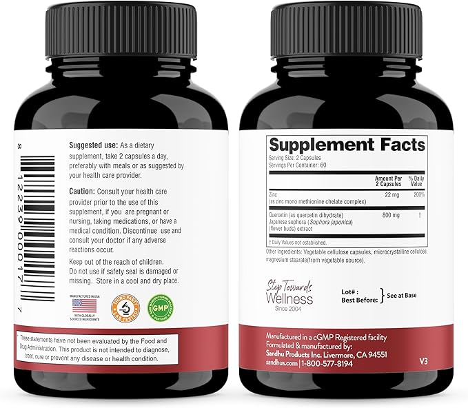 Sandhu's Zinc Quercetin &amp Vitamin D3 K2 Capsules (120 Count Each) | Supports Immune Energy Skin &amp Muscle Health