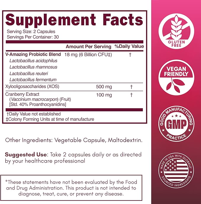 SOON+ Vaginal Probiotics for Women V-Sync Vaginal Probiotic with Lactobacillus Cranberry &amp Prebiotics Support pH Balance for Women Urinary Health Digestive Support 6 Billion CFU 60 Capsules