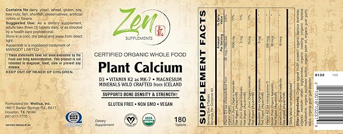 Zen Supplements Organic Whole Food Plant Calcium Supplement from Algae 180 Vegan Capsules