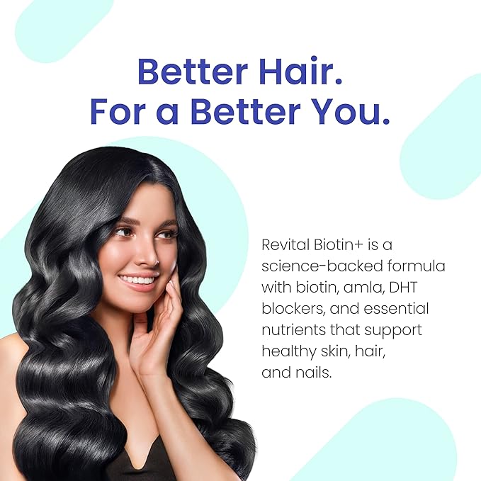 Revital Biotin+ with Amla and DHT Blockers for Hair Growth | Biotin Amla Zinc Vitamin E &amp Pantothenic Acid | Supports Hair Strength &amp Skin Health | 50 Tablets
