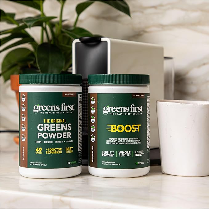 Greens First Boost - Plant-Based Protein &amp Balanced Nutrition - Superfood Shake Mix - No Wheat or Soy - Dairy-Free - Vegan - Dutch Chocolate 12.28 oz.