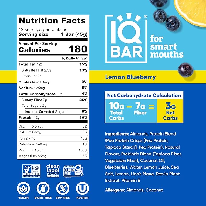 IQBAR Clean Plant Protein Bars - Lemon Blueberry - 12 Count - Keto Vegan High Fiber Gluten and Dairy Free Low Sugar Snack - Brain and Body Nutrients for Focus Energy Meal Replacement