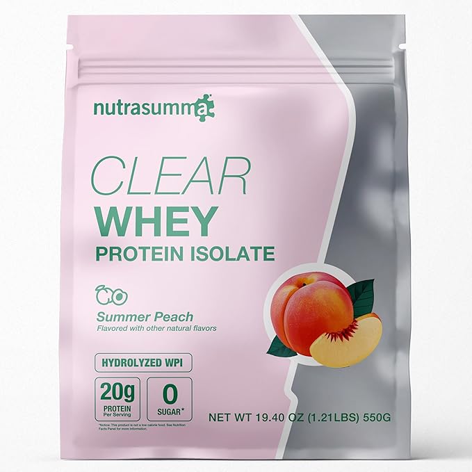 Nutrasumma Clear Whey Protein Isolate Powder 20g Protein Sugar Free Fat Free Lactose Free Summer Peach Flavor 1.21 lb 22 Servings