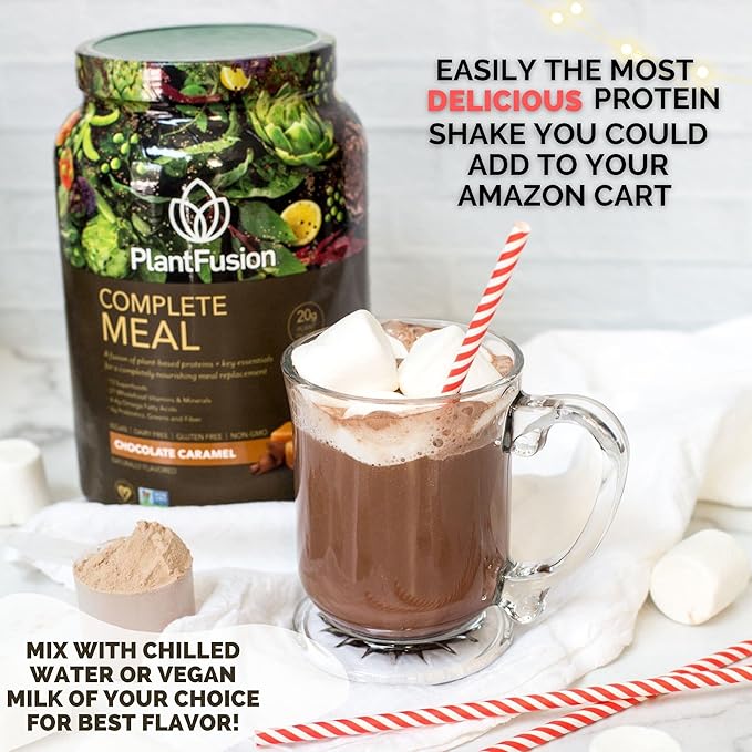 PlantFusion Complete Meal Replacement Shake - Plant Based Protein Powder with Superfoods Greens &amp Probiotics - Vegan Gluten Free Soy Free Non-Dairy No Sugar Non-GMO - Chocolate Caramel 1 lb