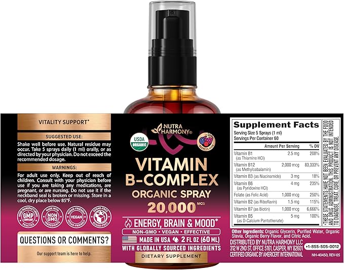 USDA Organic Vitamin B-Complex Liquid Spray 8-in-1 - B5 Pantothenic Acid | B12 Methylcobalamin | B1 Thiamine | B6 Pyridoxine | B7 Biotin | B9 Folic | B3 Niacinamide - Made in USA Supplement 2fl oz