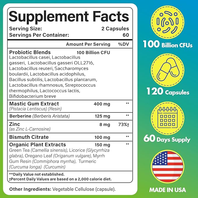 H. Pylori Defense Probiotics 100 Billion CFU - Lactobacillus Reuteri Mastic Gum Berberine Zinc Carnosine Green Tea for Digestive &amp Gut Health Stomach Comfort Vegan 120 Capsules