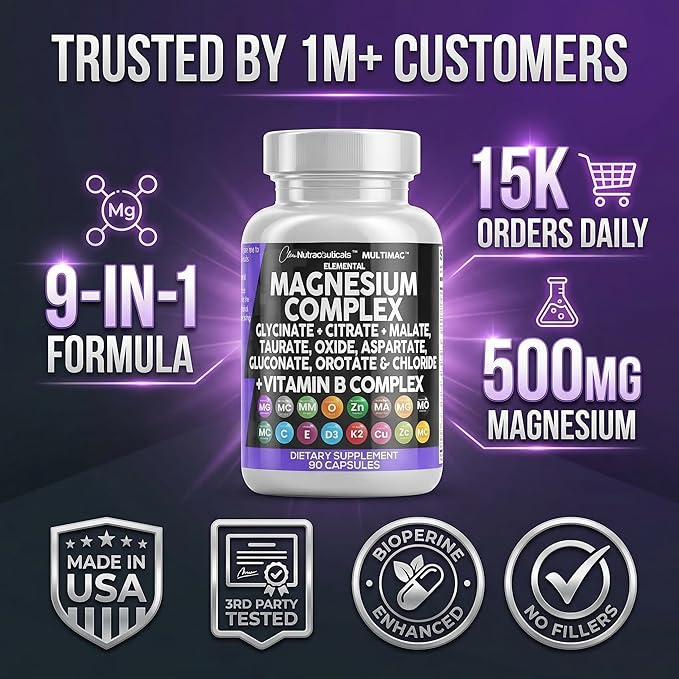 Clean Nutraceuticals Magnesium Complex with Magnesium Glycinate Citrate Malate Oxide Taurate Aspartate Orotate &amp Mag Chloride Zinc Copper Manganese &amp Vitamin C B1 B2 B6 B12 Complex - 1Pack