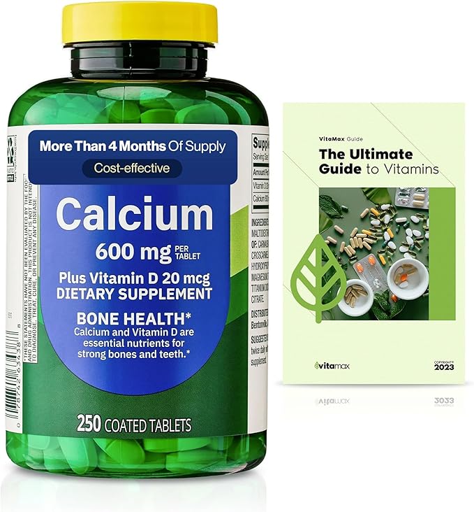 Spring Valley Calcium Plus Vitamin D Tablets Dietary Supplement Bone Health VIT D 20 mcg 600 mg 250 Count + Exclusive VitaMax Vitamin Guide (2 Items)