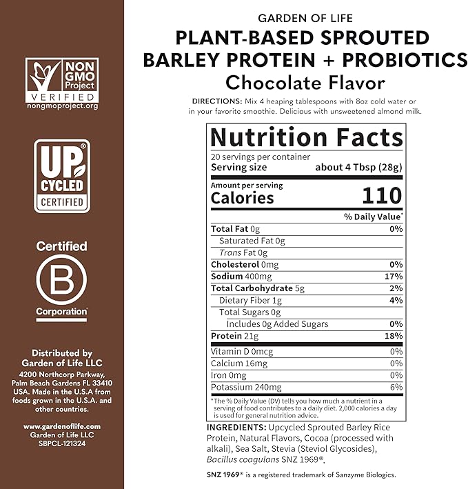 Garden of Life Plant-Based Sprouted Barley Protein Chocolate with 21g Protein 0g Sugar &amp Clean Ingredients Upcycled Barley Probiotics Non-GMO use in Shakes Smoothies &amp Baking 20 Servin
