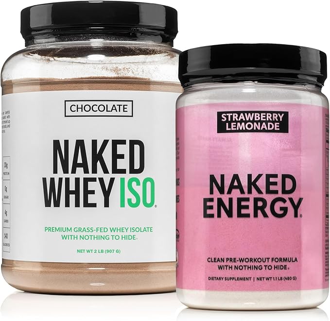 NAKED Chocolate Whey Isolate Protein Powder (24 Servings) Strawberry Lemonade Energy Pre Workout (30 Servings) – Grass-Fed Non-GMO Gluten Free Soy Free Vegan Friendly
