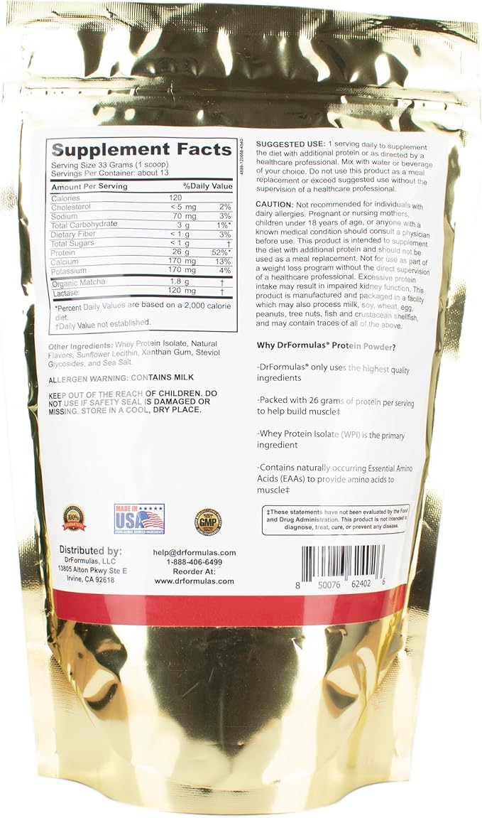 DrFormulas Lactose Free Whey Protein Isolate Powder with Lactase Organic Matcha with Vanilla Flavor 1 lb