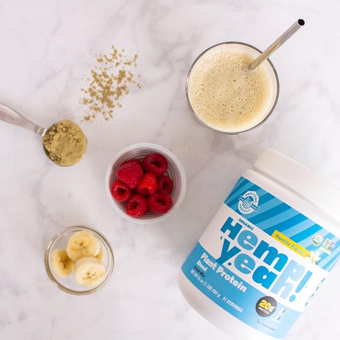 Manitoba Harvest Hemp Yeah Organic Plant-Based Protein Powder Vanilla 16oz 20g Complete Plant Protein (Hemp and Pea) 4g of Fiber &amp 1.9g Omegas 3&amp6 Per Serving Non-GMO Vegan Packaging Ma