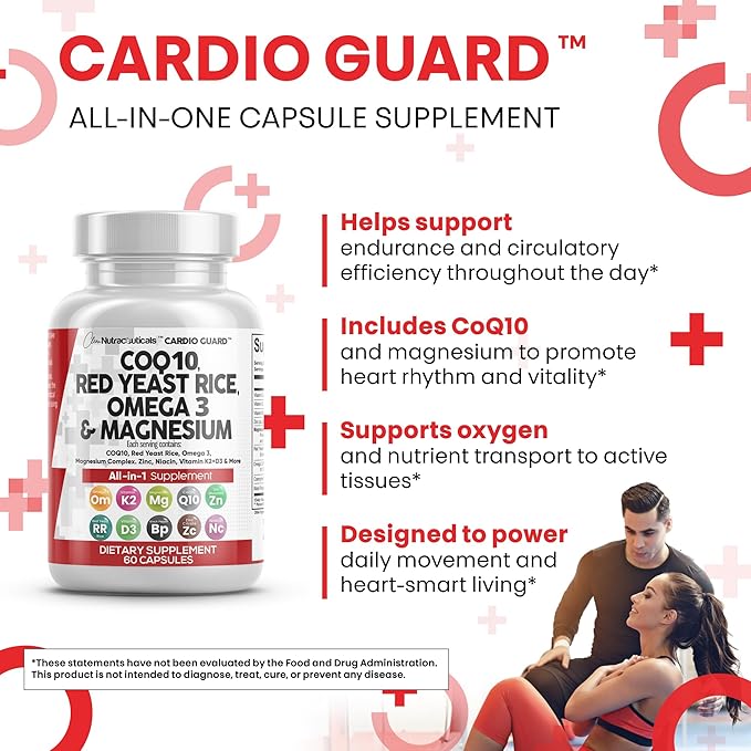 Clean Nutraceuticals COQ10 200mg Red Yeast Rice Omega 3 Magnesium Complex 500mg Niacin Zinc Vitamin K2 D3 - Heart Support Vitamins for Women &amp Men w/Vitamin B3 Coenzyme Q10-60 Ct