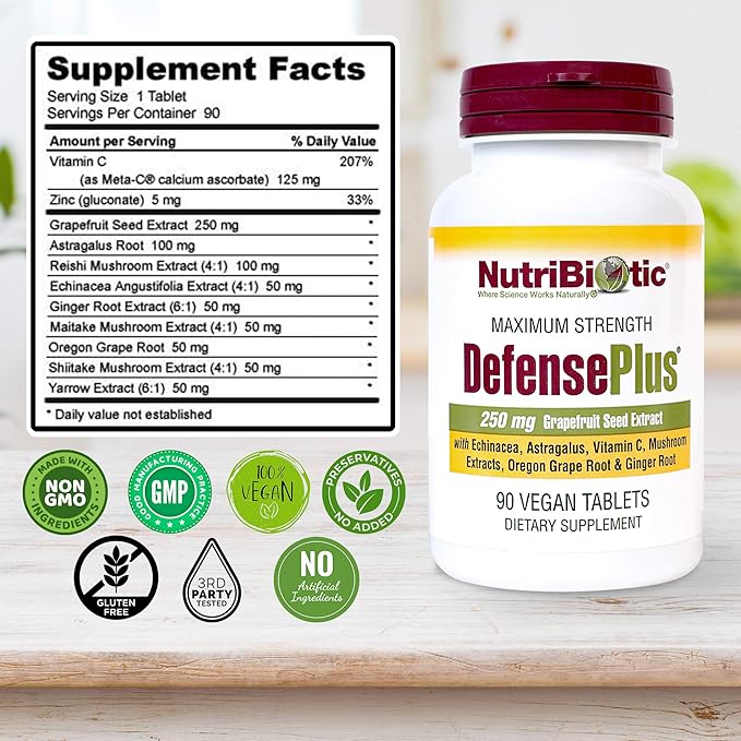 NutriBiotic – DefensePlus 90 Tablets - 11 in 1 Immune Support with Vitamin C Zinc Grapefruit Seed Extract Echinacea Astragalus Root &amp Immune Boosting Extracts &amp Mushrooms - Vegan &amp Gl