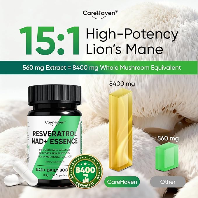 NAD+ Resveratrol Essence Capsules - 5mg NAD+ &amp Lion's Mane Mushroom - Supports Healthy Cell Function &amp Daily Wellness - 60 Active Dietary Capsules (2PCS)
