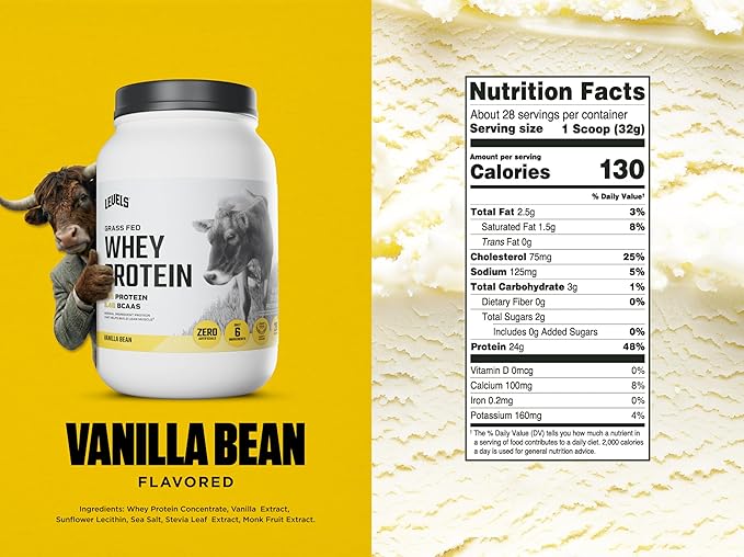 Levels Grass Fed Whey Protein Powder No Artificials 24G of Protein Vanilla Bean 2LB