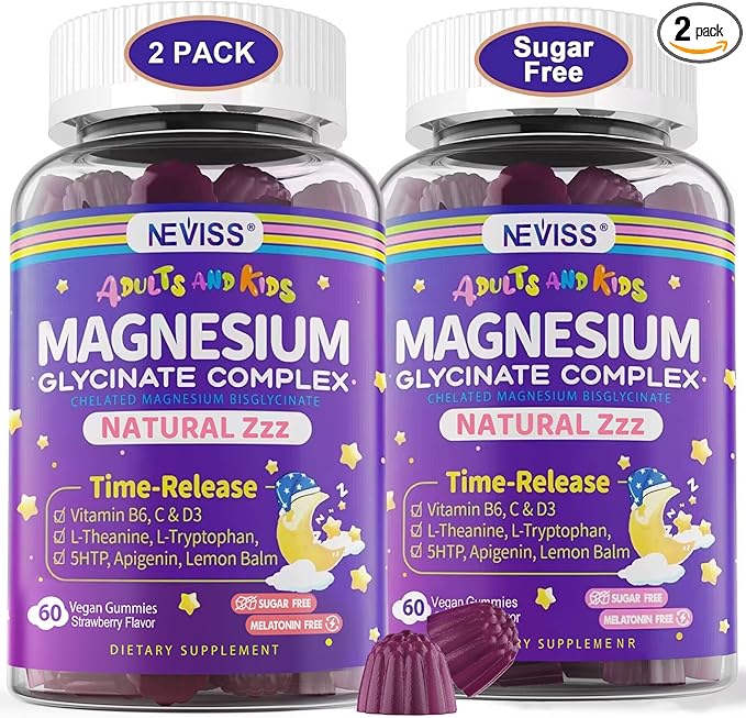Magnesium Glycinate Gummies for Adults &amp Kids 4+ Sugar Free Magnesium Bisglycinate Supplement 400/200mg with B6D3 5HTP L-Theanine for Sleep &amp Relaxation Brain Muscle Melatonin Free Gummi