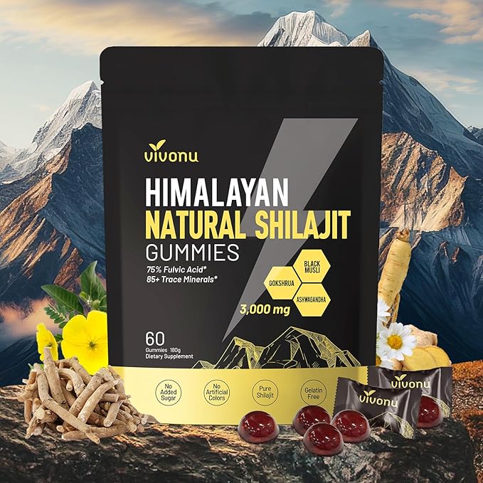 VivoNu Himalayan* Shilajit* Gummies with Ashwagandha* &amp Gokshura | 85+ Trace Minerals &amp Fulvic Acid | Organic Micronutrient Supplement for Men &amp Women-3000mg | 4000mg (3000 mg / 1 Packet