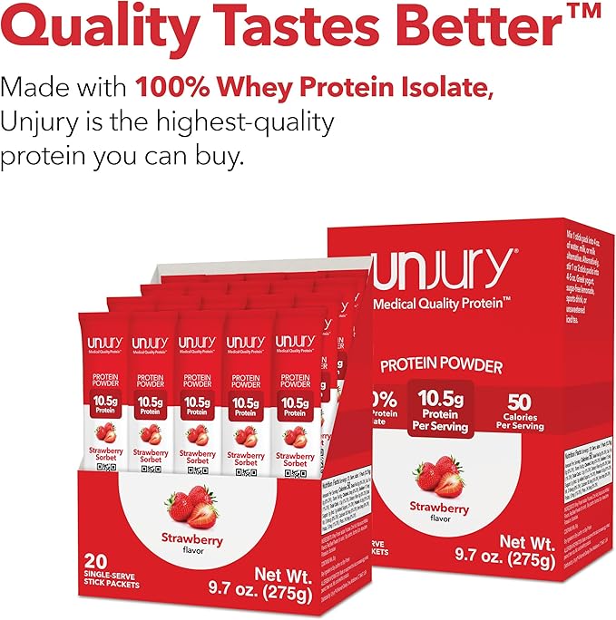 Unjury Whey Protein Powder Individual Stick Packs | Strawberry | 10.5g 100% Whey Isolate Protein Powder | Low Carb and Lactose Free | Gluten Free | Certified Kosher | 20 Servings
