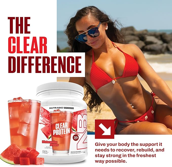 NutraBio Clear Protein Powder Watermelon Breeze - 20 Servings 20g Clear Whey Protein Isolate 0 Sugar 0g Lactose Refreshing Fruit Flavors GLP1 Support -Bone Health - Muscle Post Workout Recovery