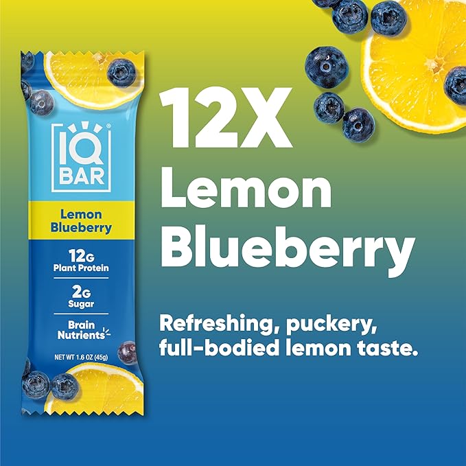 IQBAR Clean Plant Protein Bars - Lemon Blueberry - 12 Count - Keto Vegan High Fiber Gluten and Dairy Free Low Sugar Snack - Brain and Body Nutrients for Focus Energy Meal Replacement