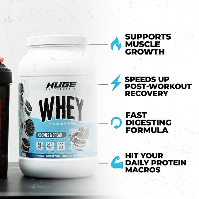 Huge Whey Protein Powder for Muscle Gain 25g Protein 12g EAAs Supports Muscle Growth Performance &amp Recovery (Cookie &amp Cream 30 Servings)
