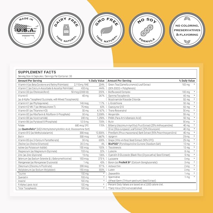 Supersmart - Daily 6 ® - Powerful Mutlivitamin Formula with 55 Ingredients (with PQQ Nicotinamide Riboside) - Support Healthy Cardiovascular System | Non-GMO &amp Gluten Free - 180 Vegetarian Capsul