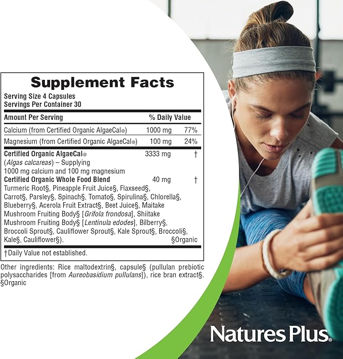 NaturesPlus Source of Life Garden Calcium - 120 Capsules - Calcium Supplement with Magnesium &amp 20 Whole-Food Extracts - USDA Certified Organic Non-GMO Vegan Gluten Free - 30 Servings