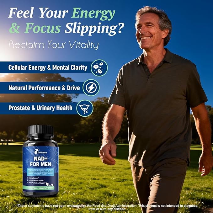 NAD Supplements for Men with 40+ | All-in-One Cellular Energy Prostate Support &amp Nitric Oxide Supplement with Saw Palmetto Resveratrol | Non-GMO 2 Bottles