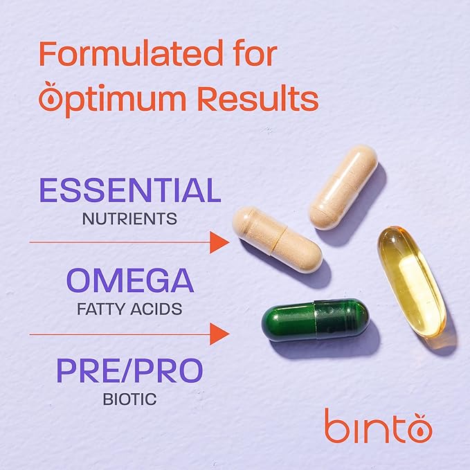 Binto Complete 4-in-1 Multi-Symptom Menopause Relief Kit Supplements - 1 Month Supply - Multivitamins with Omega-3 Ashwagandha and Probiotics/Prebiotic Fiber Blend - Non-GMO