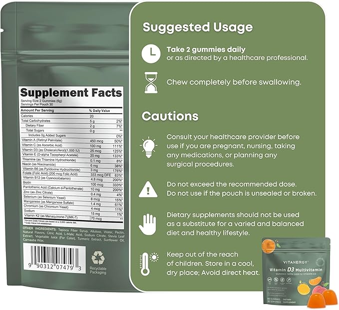 Multivitamin Women Gummies with Vitamin D3 K2 16 Essential Vitamins and Minerals Bone Heart and Immune Support Vegan Sugar-Free Mango Orange Flavor Portable Pouch Made in USA 60 Ct