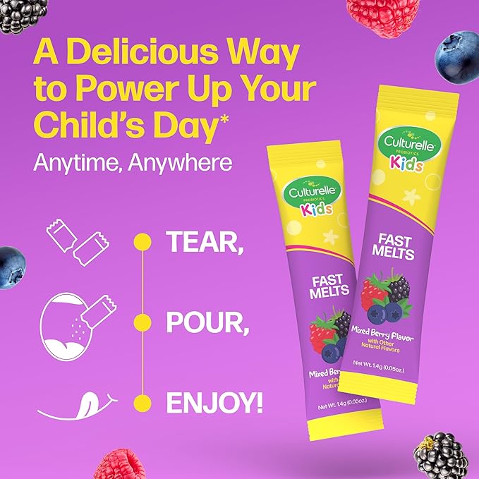 Culturelle® Kids Complete Probiotics Fast Melts Mixed Berry Flavor 30 Count Sugar Free‡ Prebiotic + Probiotic Powder for Digestive and Immune Health Supports Daily Regularity *