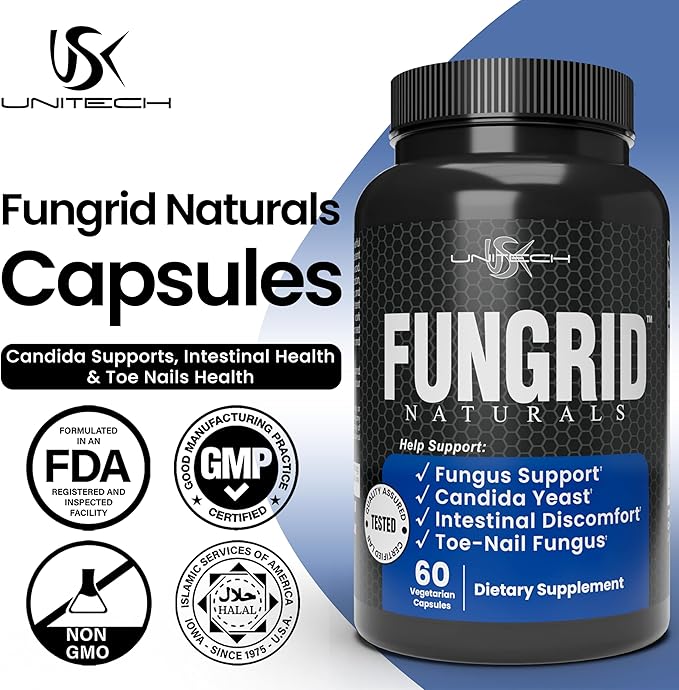USK Unitech Fungrid Naturals | Fungus Support Supplement | Candida Supports Intestinal Health &amp Toe Nails Health | Herbal Blend with Walnut Oregano Leaf &amp Wormwood | 60 Vegetarian Capsules