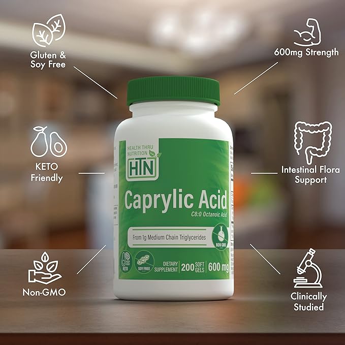Health Thru Nutrition Caprylic Acid 600mg 200 Softgels | C8 Octanoic Acid from Pure 1g MCT Oil | Non-GMO &amp Soy Free | Support Healthy Digestive and Intestinal Health | Keto Friendly