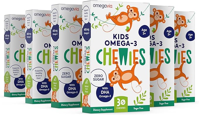 Omega 3 Gummies - Ultra-High DHA Chewable Gel Gummy - for Kids Supports Brain &amp Eye Health - Sugar-Free Natural Fruit Flavor - Kids Omega 3 Fish Oil Gummies (6 Pack)