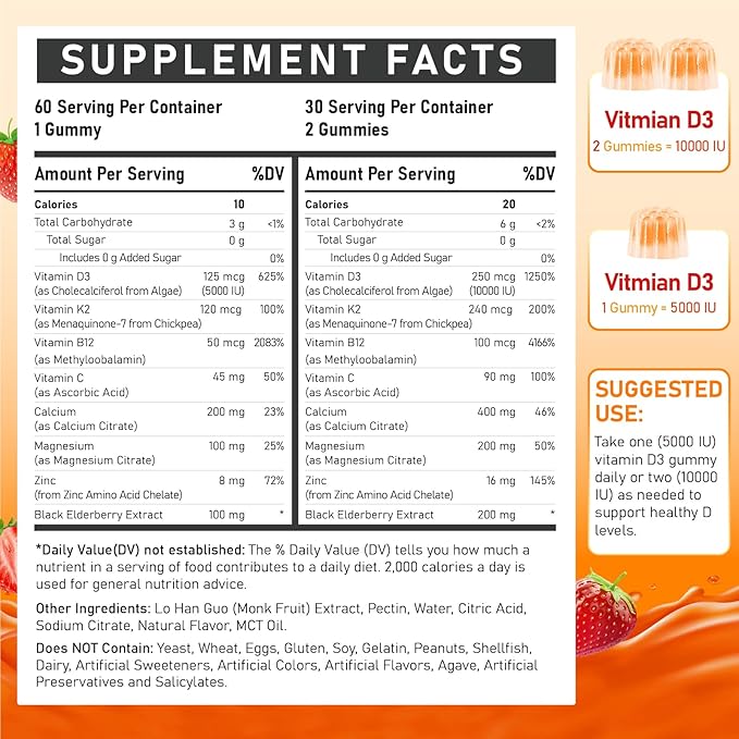 Vitamin D3 Supplement 10000IU for Adult - Vitamin D3 5000IU / 10000IU Gummies with K2 Methyl B12 Calcium Magnesium Zinc and Elderberry for Women &amp Men - Sugar-Free Vegan Vitamin D Gummies